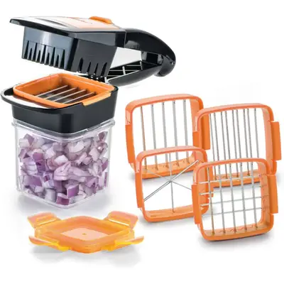 5-in-1 Manual Vegetable Chopper & Dicer | Multi-Function Vegetable Slicer with Interchangeable Blades, Food Container & Storage Box thumbnail 4