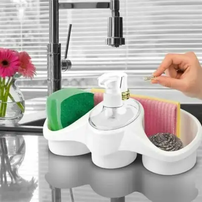 3-in-1 Soap Dispenser with Sponge Holder – Kitchen Sink Organizer with Liquid Soap Pump – Dish Wash Soap Box & Scrubber Stand