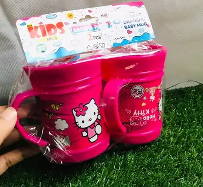 2Pcs Kids Plastic Drinking Mug Set – Cartoon Printed Reusable Water Cups with Handle for School & Home thumbnail 2