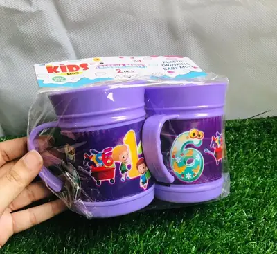 2Pcs Kids Plastic Drinking Mug Set – Cartoon Printed Reusable Water Cups with Handle for School & Home thumbnail 3