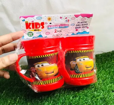2Pcs Kids Plastic Drinking Mug Set – Cartoon Printed Reusable Water Cups with Handle for School & Home thumbnail 4