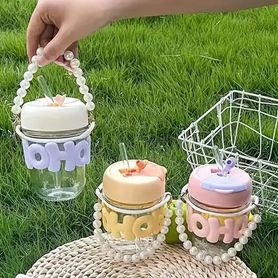Cute Glass Water Bottle with Straw & Pearl Handle – Portable Leakproof Drinking Bottle for Kids & Girls