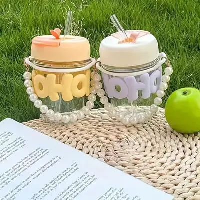 Cute Glass Water Bottle with Straw & Pearl Handle – Portable Leakproof Drinking Bottle for Kids & Girls thumbnail 2