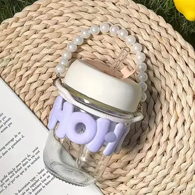 Cute Glass Water Bottle with Straw & Pearl Handle – Portable Leakproof Drinking Bottle for Kids & Girls thumbnail 3