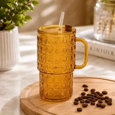500ML Glass Tumbler with Handle & Straw – Bubble Design Drinking Cup with Lid – Reusable Iced Coffee, Juice & Smoothie Glass Mug