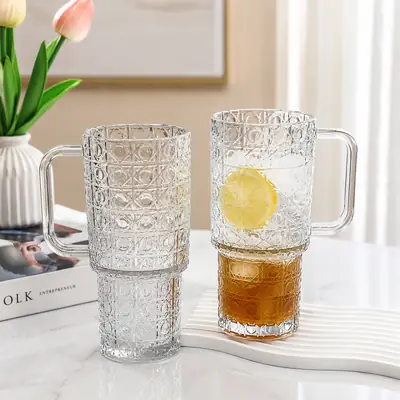 500ML Glass Tumbler with Handle & Straw – Bubble Design Drinking Cup with Lid – Reusable Iced Coffee, Juice & Smoothie Glass Mug thumbnail 2