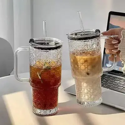 500ML Glass Tumbler with Handle & Straw – Bubble Design Drinking Cup with Lid – Reusable Iced Coffee, Juice & Smoothie Glass Mug thumbnail 3