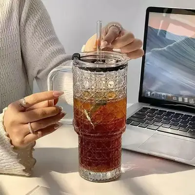 500ML Glass Tumbler with Handle & Straw – Bubble Design Drinking Cup with Lid – Reusable Iced Coffee, Juice & Smoothie Glass Mug thumbnail 5
