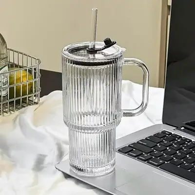 500ML Glass Tumbler with Handle & Straw – Bubble Design Drinking Cup with Lid – Reusable Iced Coffee, Juice & Smoothie Glass Mug thumbnail 6