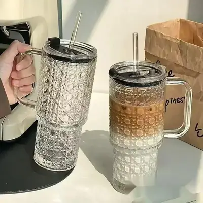 500ML Glass Tumbler with Handle & Straw – Bubble Design Drinking Cup with Lid – Reusable Iced Coffee, Juice & Smoothie Glass Mug thumbnail 7