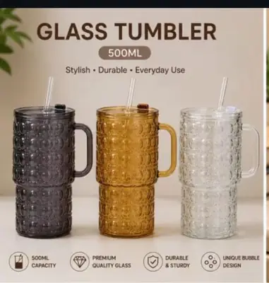 500ML Glass Tumbler with Handle & Straw – Bubble Design Drinking Cup with Lid – Reusable Iced Coffee, Juice & Smoothie Glass Mug thumbnail 8