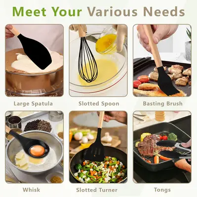 12 Pcs Silicone Kitchen Utensil Set with Wooden Handles – Non Stick Cooking Tools Set with Holder for Kitchen thumbnail 2