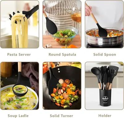 12 Pcs Silicone Kitchen Utensil Set with Wooden Handles – Non Stick Cooking Tools Set with Holder for Kitchen thumbnail 3