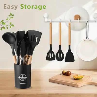12 Pcs Silicone Kitchen Utensil Set with Wooden Handles – Non Stick Cooking Tools Set with Holder for Kitchen thumbnail 6