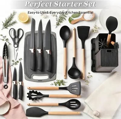 19 PCS Premium Kitchen Knife & Silicone Utensil Set with Holder | Non-Stick Cooking Utensils | Stainless Steel Knife Set | Kitchen Tool Set with Chopping Board thumbnail 2