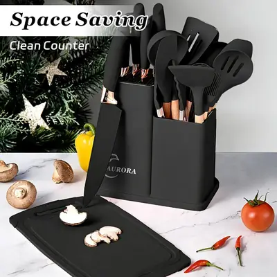 19 PCS Premium Kitchen Knife & Silicone Utensil Set with Holder | Non-Stick Cooking Utensils | Stainless Steel Knife Set | Kitchen Tool Set with Chopping Board thumbnail 6