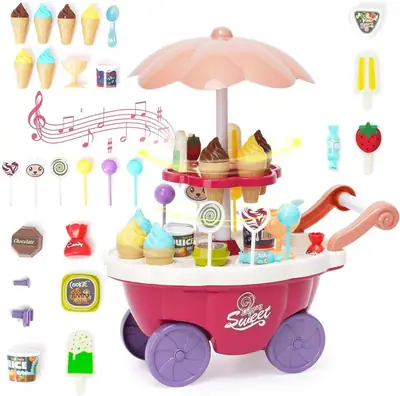 Kids Ice Cream Cart Toy Set with Accessories – Pretend Play Dessert Shop Trolley for Children | Educational & Role Play Toy for Boys & Girls