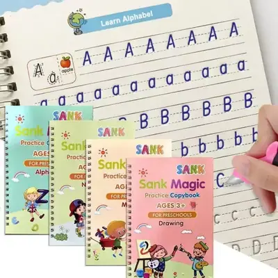 Magic Practice Copybook 4 PCS Set for Kids – Reusable Handwriting Books with Magic Pen & Refills | Learn Alphabet, Numbers, Math & Drawing (Ages 3+)