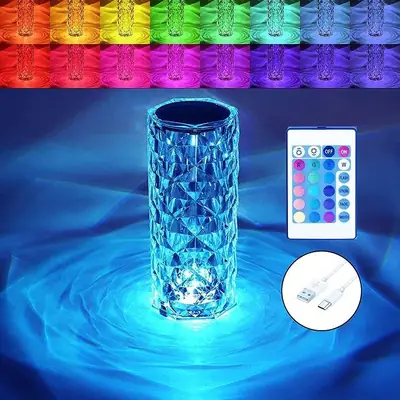 RGB Crystal LED Table Lamp with Remote Control – Touch Sensor Night Light, 16 Color Changing Bedside Lamp for Bedroom & Home Decor