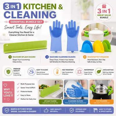 3 in 1 Kitchen & Cleaning Essential Bundle Set – Silicone Sink Splash Guard, Cleaning Gloves & Heat Resistant Pot Holders thumbnail 1