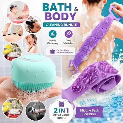 2 in 1 Silicone Bath & Body Cleaning Bundle – Back Scrubber Belt & Soft Body Scrub Brush for Deep Exfoliation