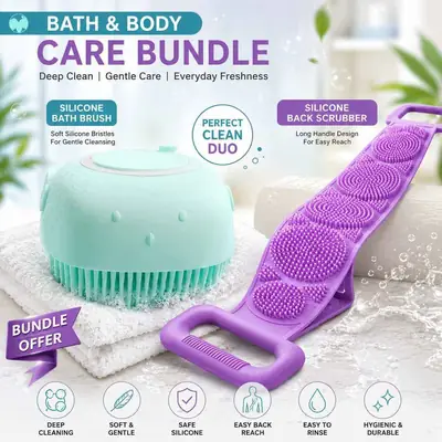 2 in 1 Silicone Bath & Body Cleaning Bundle – Back Scrubber Belt & Soft Body Scrub Brush for Deep Exfoliation thumbnail 2