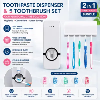 2 in 1 Automatic Toothpaste Dispenser & 5-Slot Toothbrush Holder – Wall Mounted Bathroom Organizer | No Drilling Required