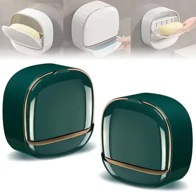 Wall Mounted Soap Box with Drain Tray – Waterproof Soap Holder with Lid, Self-Adhesive Bathroom Soap Case Organizer