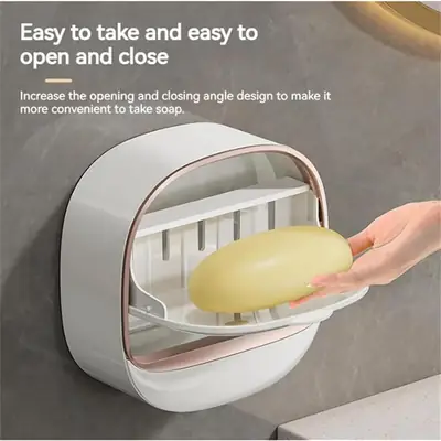 Wall Mounted Soap Box with Drain Tray – Waterproof Soap Holder with Lid, Self-Adhesive Bathroom Soap Case Organizer thumbnail 2