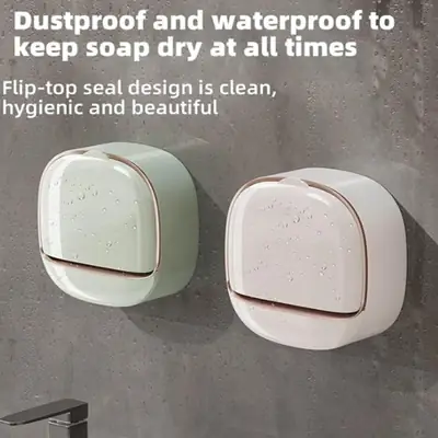 Wall Mounted Soap Box with Drain Tray – Waterproof Soap Holder with Lid, Self-Adhesive Bathroom Soap Case Organizer thumbnail 3