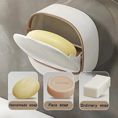 Wall Mounted Soap Box with Drain Tray – Waterproof Soap Holder with Lid, Self-Adhesive Bathroom Soap Case Organizer thumbnail 5