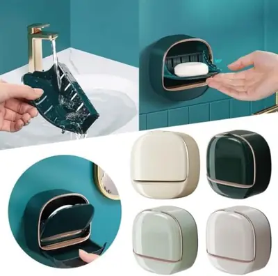 Wall Mounted Soap Box with Drain Tray – Waterproof Soap Holder with Lid, Self-Adhesive Bathroom Soap Case Organizer thumbnail 6