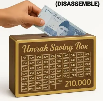 Wooden Umrah Saving Box with 280 Days Tracker | Islamic Money Saving Box for Hajj & Umrah | Halal Cash Box Gift for Muslims | Daily Pilgrimage Goal Jar