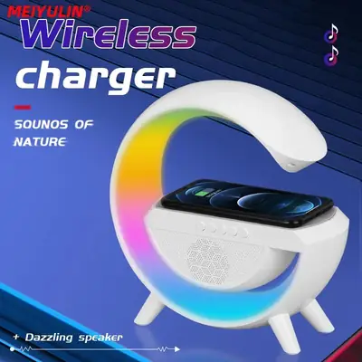 G Lamp Smart Bluetooth Speaker Wireless Fast Charger Station LED RGB Desk Light Support TF Card AUX For IPhone 14/13 Samsung Powerbank thumbnail 3