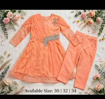 2 piece orange embroidery frock (size  30 ,32 34 )