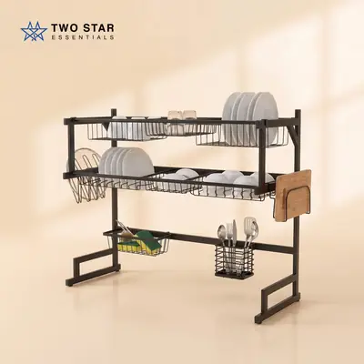 Double Sink Dish Drying Rack Over Sink | Dish Rack | One & Two Layer Sink Rack For Double sink | Space Saving Kitchen Organizer With Cutlery Holder, Fruit Basket & Glass Stand