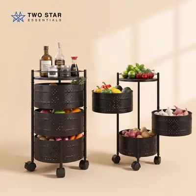3-Tier Round Shape Rolling Storage Trolley with Wheels | Fruit & Vegetable Basket Drawer Organizer Trolley for Kitchen, Bathroom, Office & Home | Multi-Purpose Storage Rack Stand