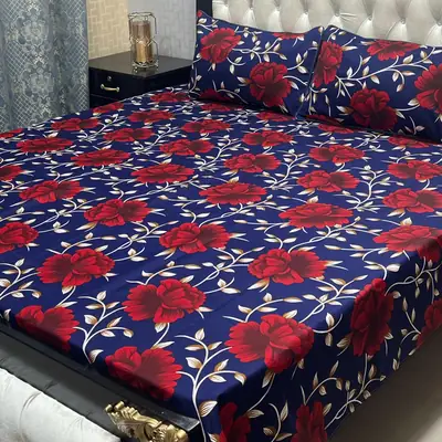 3 Pcs Crystal Cotton Printed Double Bedsheet