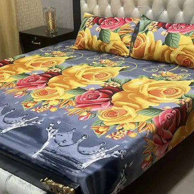 3 Pcs Crystal Cotton Printed Double Bedsheet