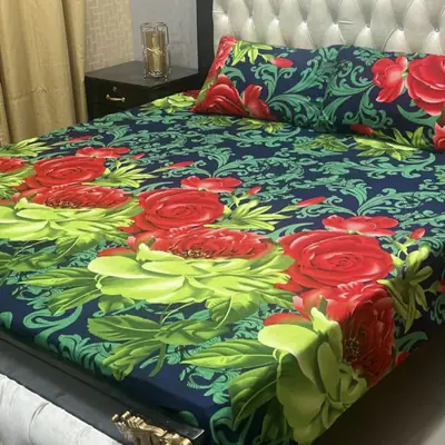 3 Pcs Crystal Cotton Printed Double Bedsheet
