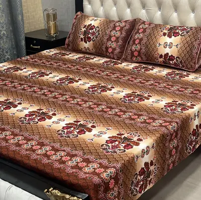 3 Pcs Crystal Cotton Printed Double Bedsheet