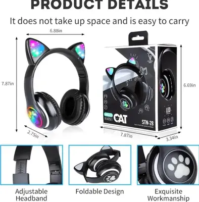 STN-28 Cat Wireless Headphones Bluetooth Over-Ear Headset with Cute Cat Ears thumbnail 2