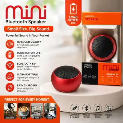 Mini Portable Bluetooth Speaker with 360° Surround Sound, Deep Bass Audio, Bluetooth 5.0 Wireless Connectivity, Built-in Microphone for Hands-Free Calls, Long Battery Life, Compact Travel-Friendly Design for Smartphones, Tablets & Laptops