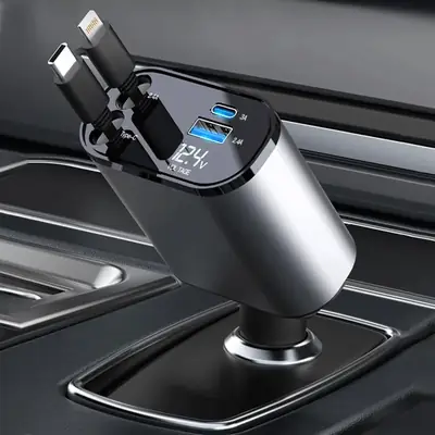  4 IN 1 Retractable Car Phone fast Charger 120W Car Charger USB C Cable For Huawei Samsung Fast Charge Cord Cigarette Lighter Adapter PD QC3.0 Mobile Chargers
