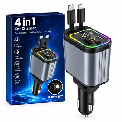 4 in 1 StarrySky  Fast Car Charger with Retractable Cable