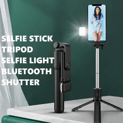 4 in 1 Wireless Selfie Stick Foldable Mini Tripod Stand R1S Tripod (WITH LED LIGHT) | R1 (Without Light) Selfie Light Mobile Holder With Fill Light Shutter Remote Control For IOS Android | For Tiktok Vlogging Photography