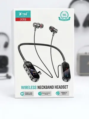 X99 Wireless Neckband Headset Bluetooth 5.4 with Digital Display, Magnetic Earbuds & Memory Card Support