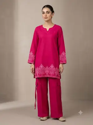 2 Pcs Women's Stitched Cotton Embroidered Co-Ord Set