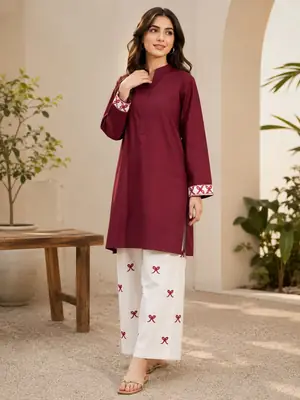2 Pcs Women's Stitched Cotton Embroidered Shirt And Trouser