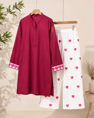 2 Pcs Women's Stitched Cotton Embroidered Shirt And Trouser